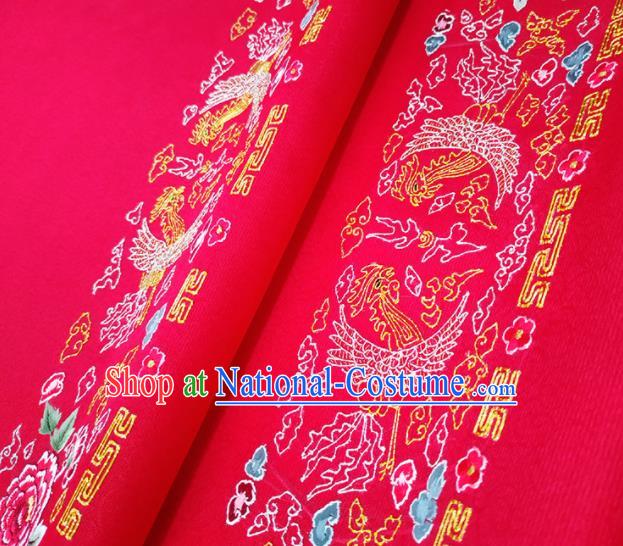 Chinese Traditional Embroidered Phoenix Peony Pattern Design Red Silk Fabric Asian China Hanfu Silk Material