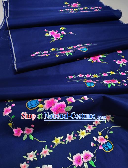 Chinese Traditional Embroidered Peach Flowers Pattern Design Royalblue Silk Fabric Asian China Hanfu Silk Material