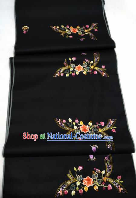 Chinese Traditional Embroidered Flowers Pattern Design Black Silk Fabric Asian China Hanfu Silk Material