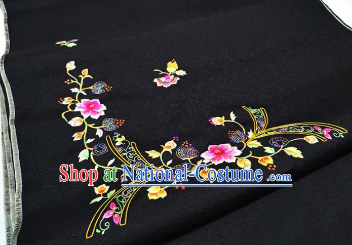 Chinese Traditional Embroidered Rosy Flowers Pattern Design Black Silk Fabric Asian China Hanfu Silk Material