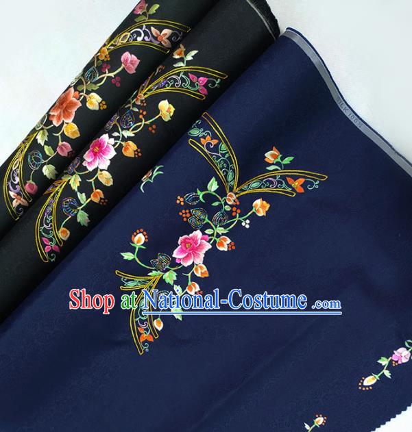 Chinese Traditional Embroidered Flowers Pattern Design Navy Silk Fabric Asian China Hanfu Silk Material