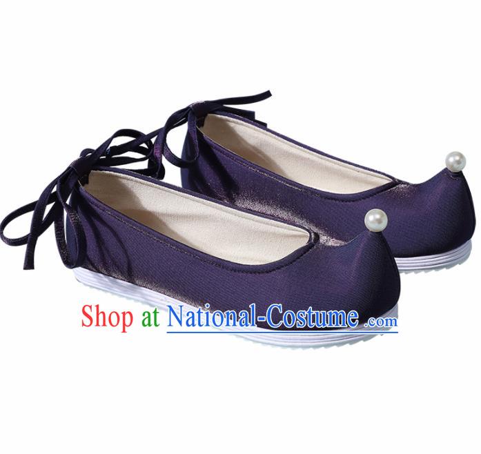 Chinese Handmade Pearl Navy Shoes Traditional Ming Dynasty Hanfu Shoes Princess Shoes for Women