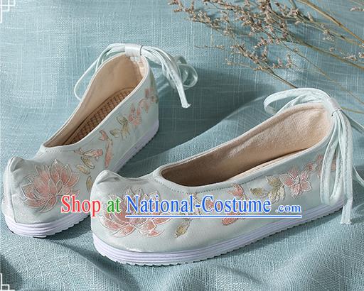 Chinese Handmade Embroidered Lotus Light Green Bow Shoes Traditional Ming Dynasty Hanfu Shoes Princess Shoes for Women