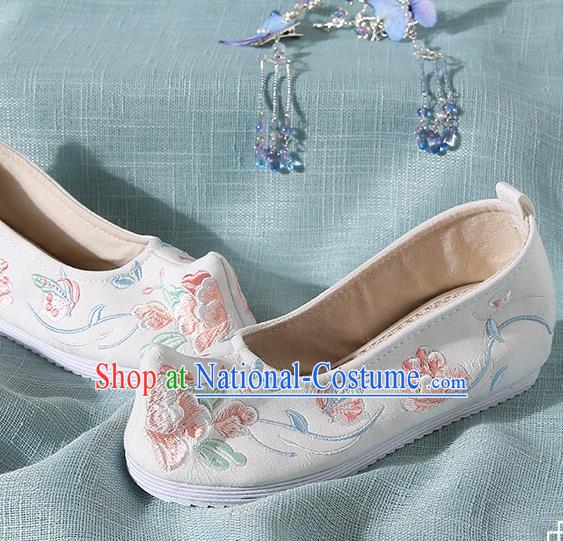 Chinese Handmade Embroidered Peony Butterfly White Bow Shoes Traditional Ming Dynasty Hanfu Shoes Princess Shoes for Women