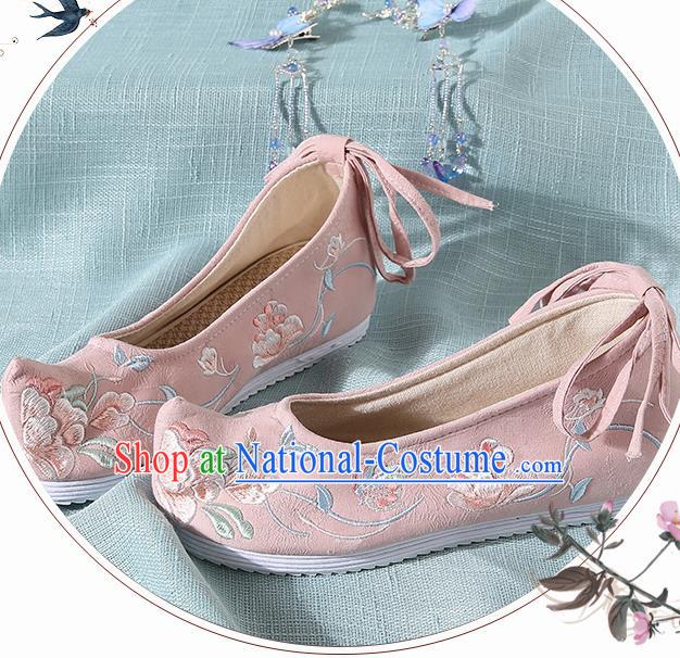 Chinese Handmade Embroidered Peony Butterfly Pink Bow Shoes Traditional Ming Dynasty Hanfu Shoes Princess Shoes for Women