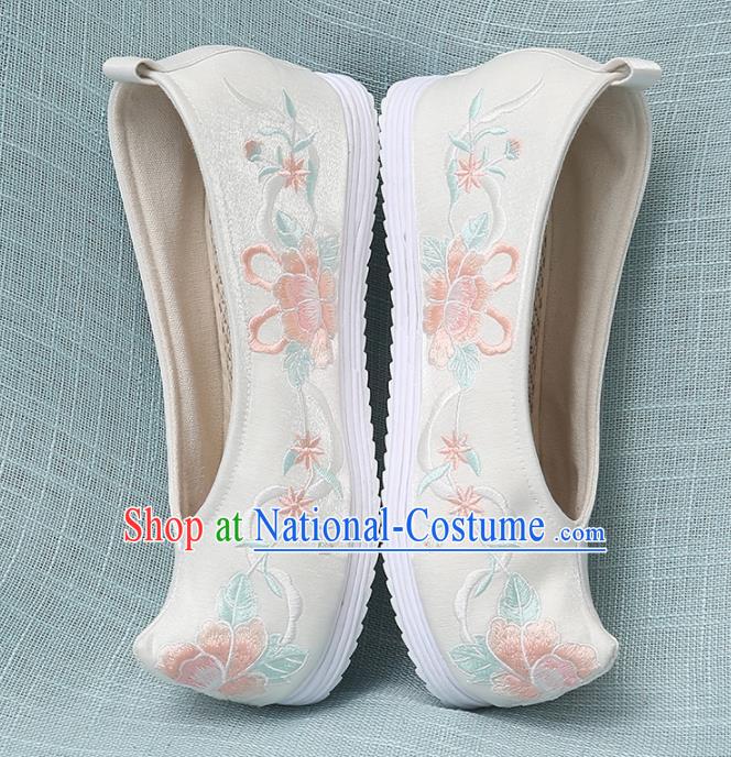 Chinese Handmade Embroidered Peony Beige Bow Shoes Traditional Ming Dynasty Hanfu Shoes Princess Shoes for Women