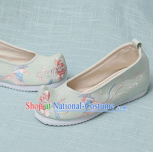 Chinese Handmade Embroidered Bird Peony Light Green Bow Shoes Traditional Ming Dynasty Hanfu Shoes Princess Shoes for Women