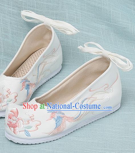 Chinese Handmade Embroidered Bird Peony White Bow Shoes Traditional Ming Dynasty Hanfu Shoes Princess Shoes for Women