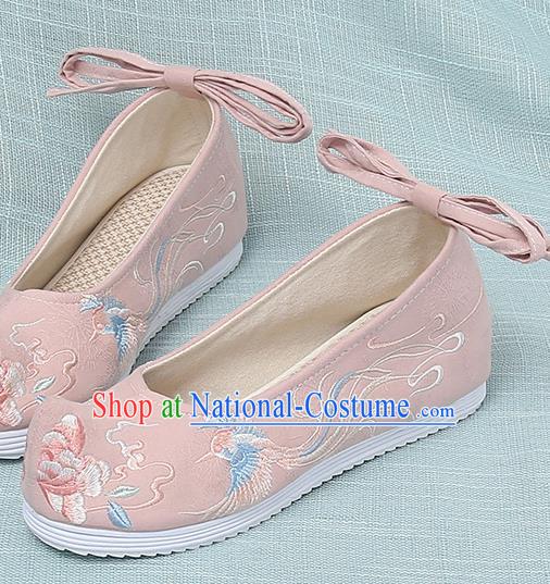 Chinese Handmade Embroidered Bird Peony Pink Bow Shoes Traditional Ming Dynasty Hanfu Shoes Princess Shoes for Women