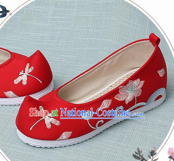 Chinese Handmade Embroidered Dragonfly Lotus Red Bow Shoes Traditional Ming Dynasty Hanfu Shoes Princess Shoes for Women