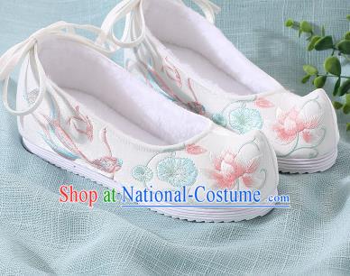 Chinese Handmade Embroidered Lotus Fish White Bow Shoes Traditional Ming Dynasty Hanfu Shoes Princess Shoes for Women