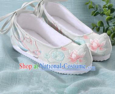 Chinese Handmade Embroidered Lotus Fish Light Green Bow Shoes Traditional Ming Dynasty Hanfu Shoes Princess Shoes for Women