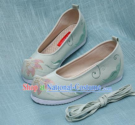 Chinese Handmade Embroidered Lotus Green Bow Shoes Traditional Ming Dynasty Hanfu Shoes Princess Shoes for Women