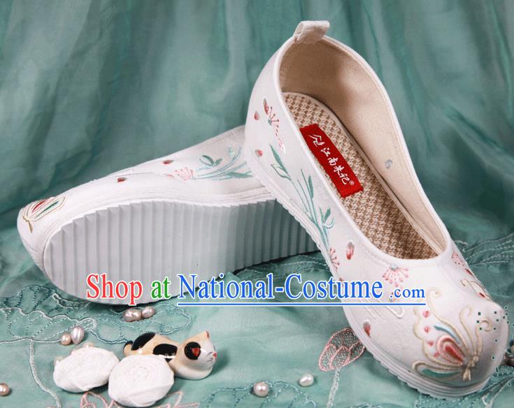 Chinese Handmade Embroidered Dandelion Butterfly White Bow Shoes Traditional Ming Dynasty Hanfu Shoes Princess Shoes for Women