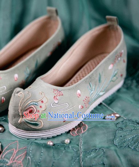 Chinese Handmade Embroidered Dandelion Butterfly Light Green Bow Shoes Traditional Ming Dynasty Hanfu Shoes Princess Shoes for Women