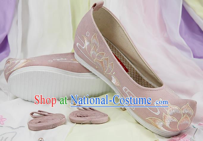 Chinese Handmade Embroidered Lotus Pink Cloth Bow Shoes Traditional Ming Dynasty Hanfu Shoes Princess Shoes for Women