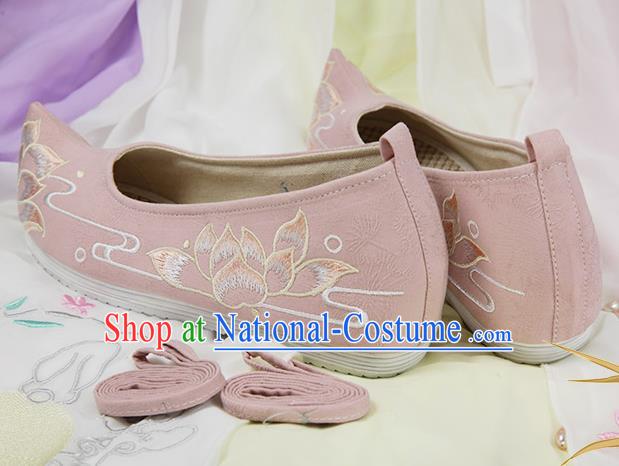 Chinese Handmade Embroidered Lotus Pink Cloth Bow Shoes Traditional Ming Dynasty Hanfu Shoes Princess Shoes for Women