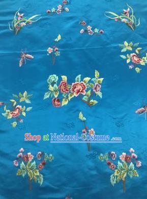 Chinese Traditional Embroidered Orchid Peony Pattern Design Blue Silk Fabric Asian China Hanfu Silk Material