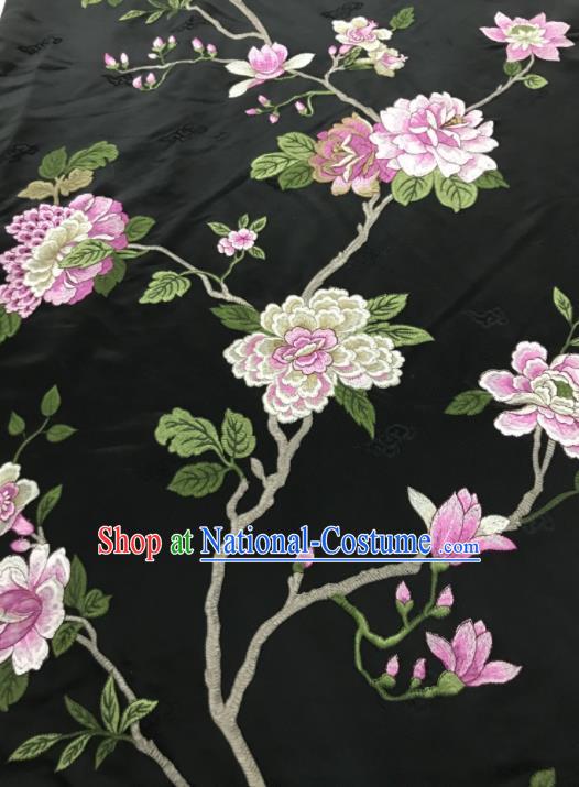 Chinese Traditional Embroidered Yulan Magnolia Pattern Design Black Silk Fabric Asian China Hanfu Silk Material