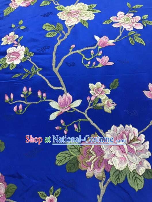 Chinese Traditional Embroidered Yulan Magnolia Pattern Design Royalblue Silk Fabric Asian China Hanfu Silk Material