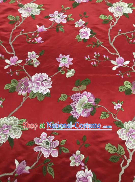 Chinese Traditional Embroidered Yulan Magnolia Pattern Design Red Silk Fabric Asian China Hanfu Silk Material