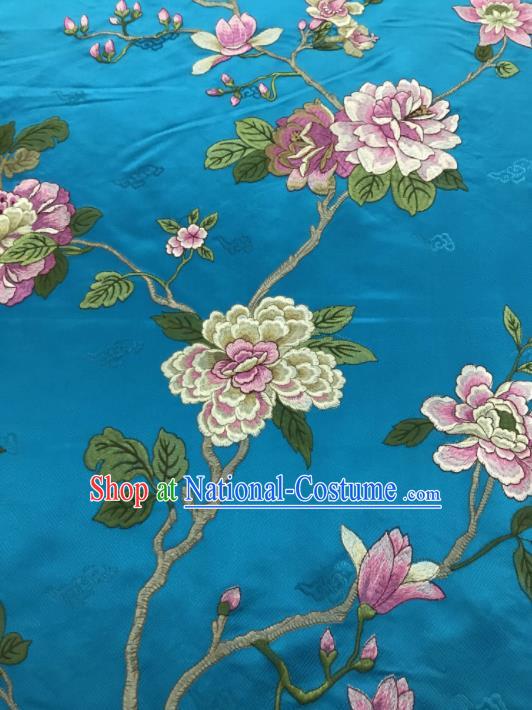 Chinese Traditional Embroidered Yulan Magnolia Pattern Design Blue Silk Fabric Asian China Hanfu Silk Material