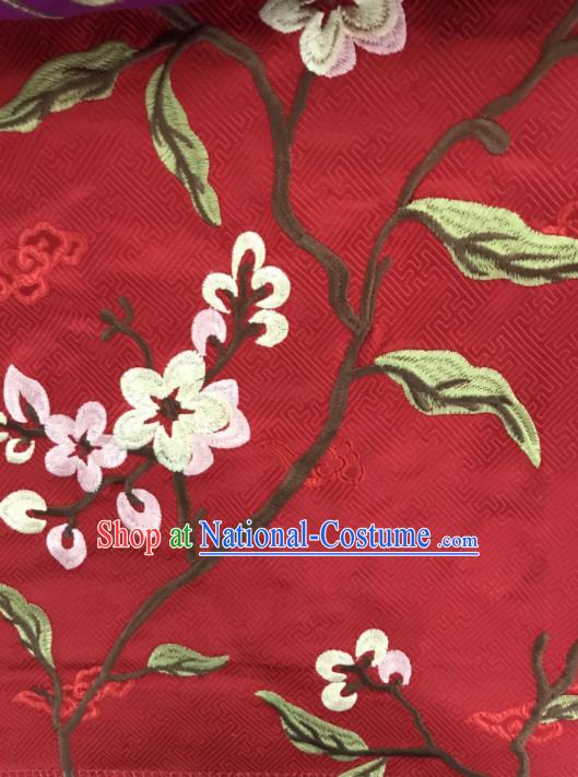 Chinese Traditional Embroidered Flowers Pattern Design Red Silk Fabric Asian China Hanfu Silk Material