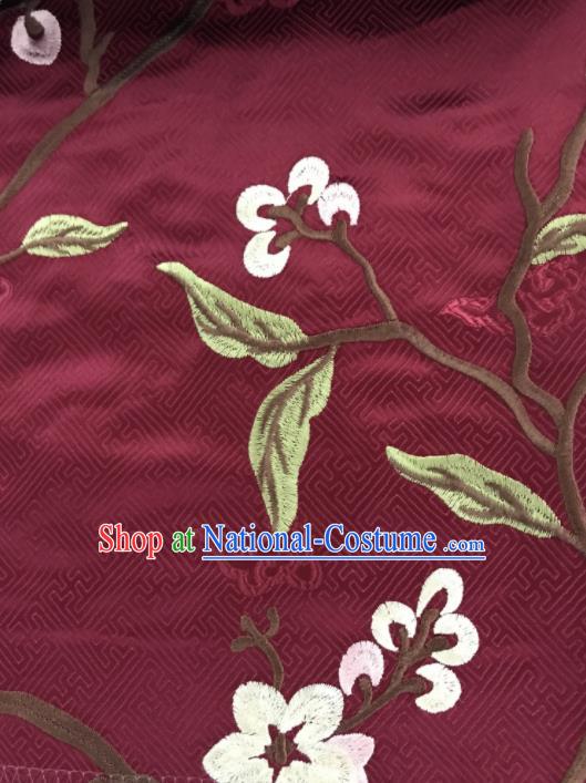 Chinese Traditional Embroidered Flowers Pattern Design Purplish Red Silk Fabric Asian China Hanfu Silk Material