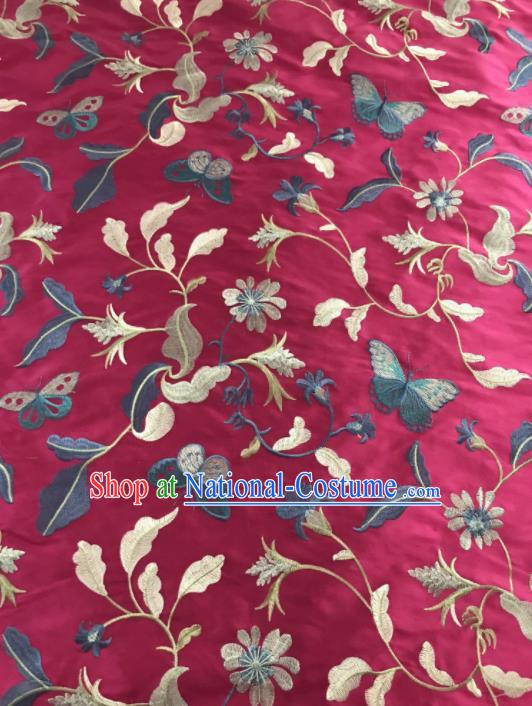 Chinese Traditional Embroidered Grass Butterfly Pattern Design Rosy Silk Fabric Asian China Hanfu Silk Material