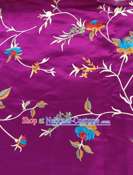 Chinese Traditional Embroidered Vine Flowers Pattern Design Purple Silk Fabric Asian China Hanfu Silk Material