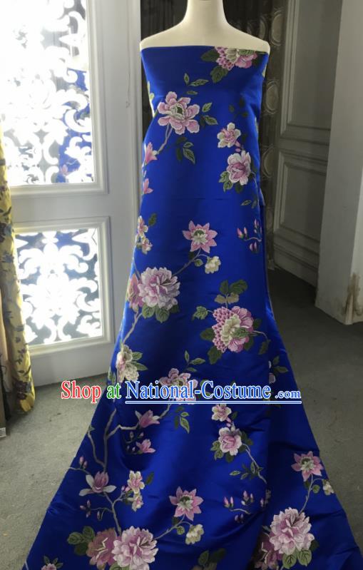 Chinese Traditional Embroidered Peony Pattern Design Royalblue Silk Fabric Asian China Hanfu Silk Material