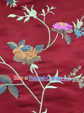 Chinese Traditional Embroidered Vine Flowers Pattern Design Purplish Red Silk Fabric Asian China Hanfu Silk Material