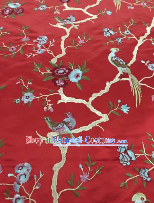 Chinese Traditional Embroidered Begonia Birds Pattern Design Red Silk Fabric Asian China Hanfu Silk Material