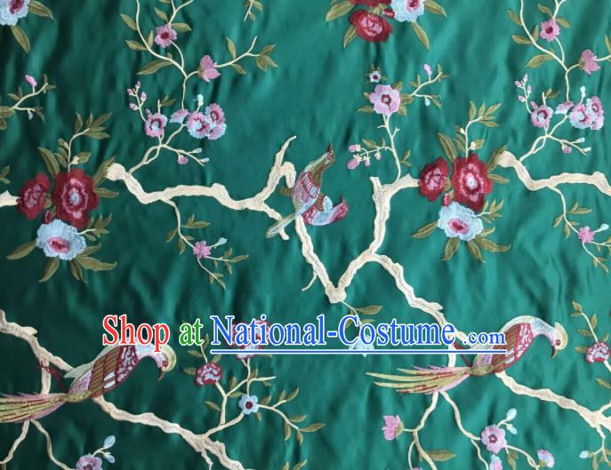 Chinese Traditional Embroidered Begonia Birds Pattern Design Green Silk Fabric Asian China Hanfu Silk Material