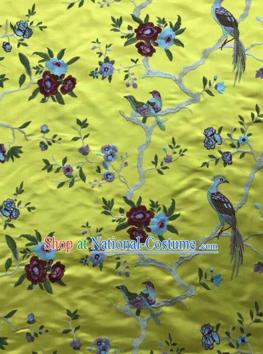 Chinese Traditional Embroidered Begonia Birds Pattern Design Yellow Silk Fabric Asian China Hanfu Silk Material