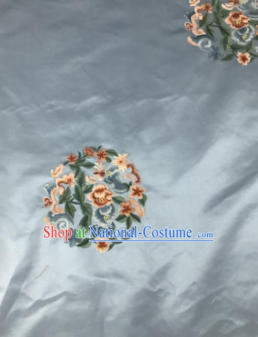 Chinese Traditional Embroidered Round Peony Pattern Design Blue Silk Fabric Asian China Hanfu Silk Material