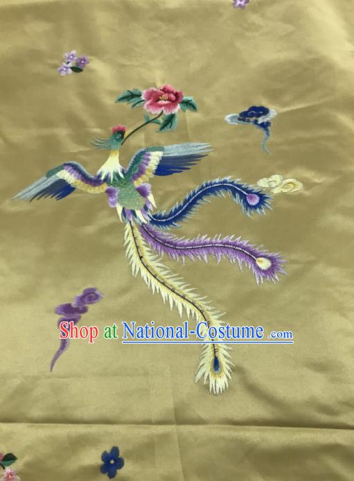 Chinese Traditional Embroidered Phoenix Peony Pattern Design Golden Silk Fabric Asian China Hanfu Silk Material