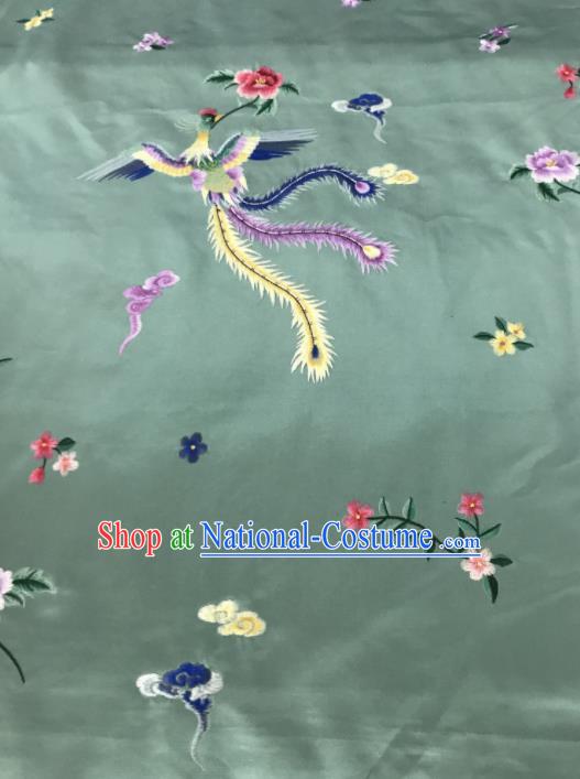 Chinese Traditional Embroidered Phoenix Peony Pattern Design Light Green Silk Fabric Asian China Hanfu Silk Material