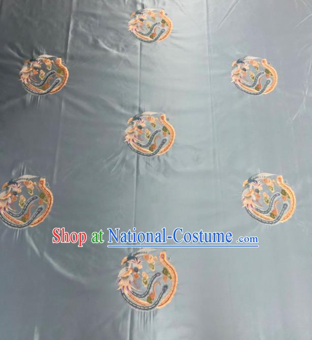 Chinese Traditional Embroidered Round Phoenix Pattern Design Light Blue Silk Fabric Asian China Hanfu Silk Material