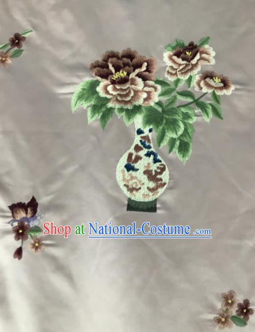 Chinese Traditional Embroidered Peony Vase Pattern Design Pink Silk Fabric Asian China Hanfu Silk Material