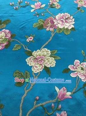 Chinese Traditional Embroidered Peony Pattern Design Blue Silk Fabric Asian China Hanfu Silk Material