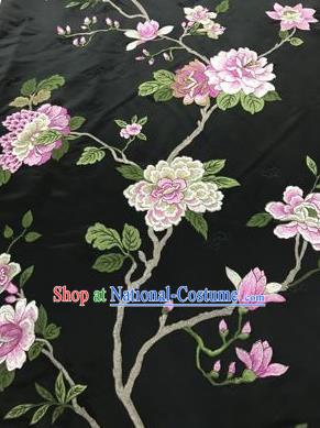 Chinese Traditional Embroidered Peony Pattern Design Black Silk Fabric Asian China Hanfu Silk Material