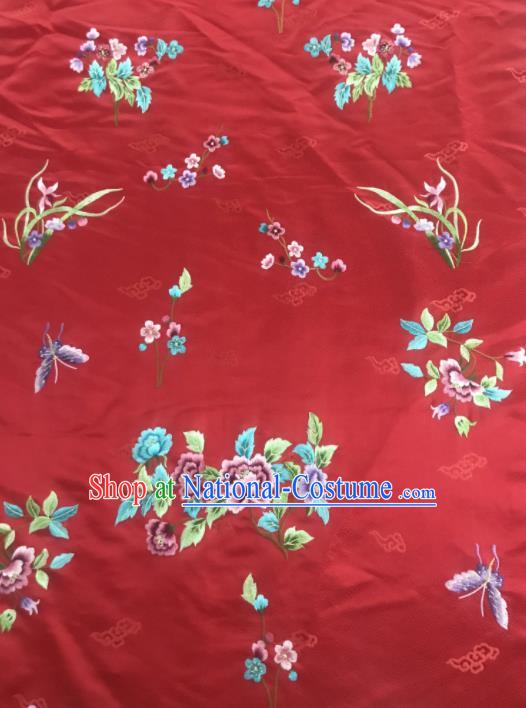 Chinese Traditional Embroidered Orchid Peony Pattern Design Red Silk Fabric Asian China Hanfu Silk Material