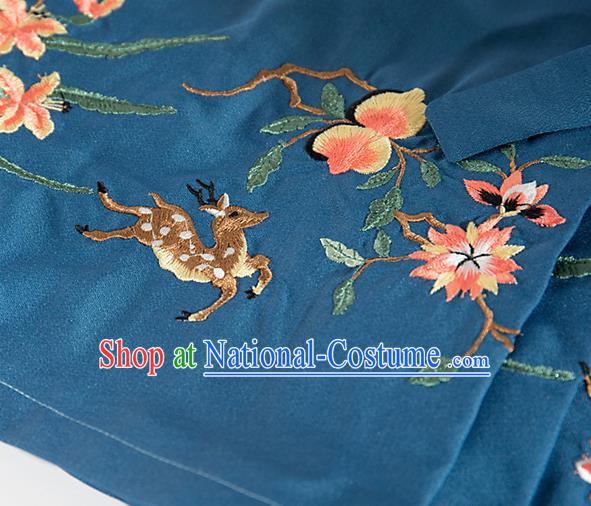 Chinese Traditional Embroidered Deer Pattern Design Blue Flax Fabric Asian China Hanfu Material