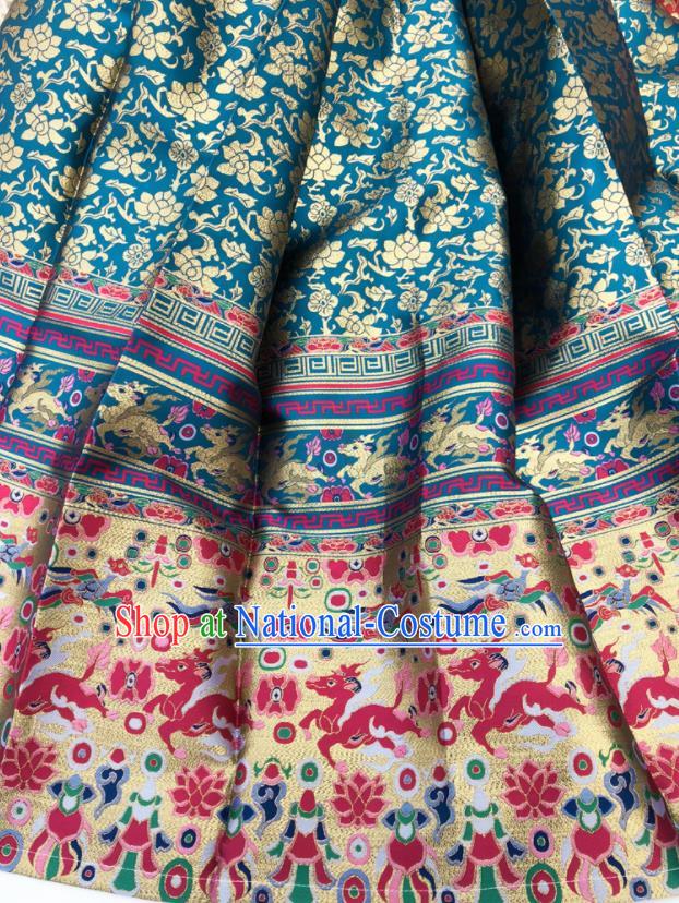 Chinese Traditional Kylin Pattern Design Blue Brocade Fabric Asian China Satin Hanfu Material