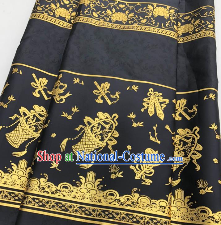 Chinese Traditional Eight Immortals Pattern Design Black Brocade Fabric Asian China Satin Hanfu Material