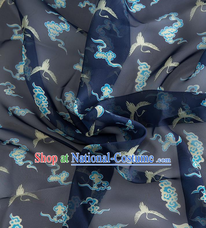 Chinese Traditional Printing Crane Pattern Design Navy Chiffon Fabric Asian China Hanfu Material