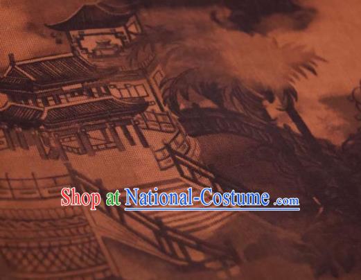 Chinese Traditional Pavilion Pattern Design Brownness Silk Fabric Asian China Hanfu Mulberry Silk Material