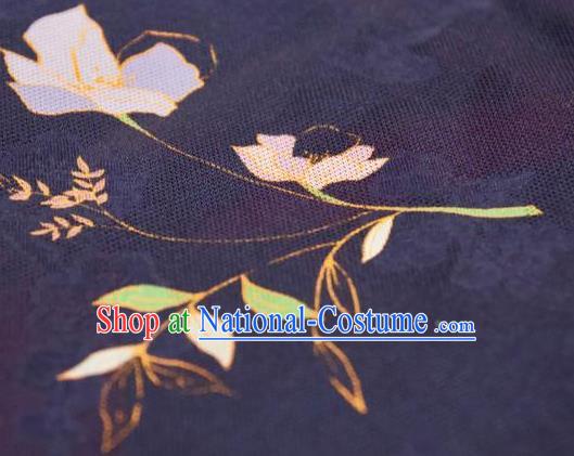 Chinese Traditional Jasminum Pattern Design Navy Silk Fabric Asian China Hanfu Mulberry Silk Material