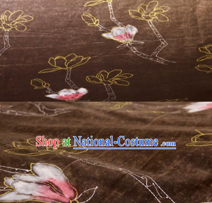 Chinese Traditional Yulan Magnolia Pattern Design Brown Silk Fabric Asian China Hanfu Gambiered Guangdong Mulberry Silk Material